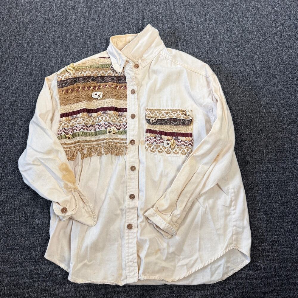 Vintage Y2k Beige Fringe Festival Western 100% Cotton Longsleeve Button Down M